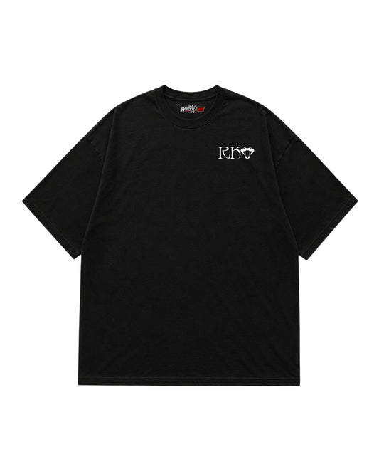 black wrestling inspired t-shirt with minimal RKO style chest graphic