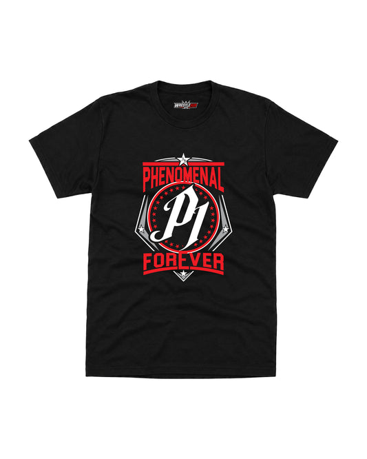 Black Phenomenal AJ Forever graphic wrestling T-shirt with red white and black design