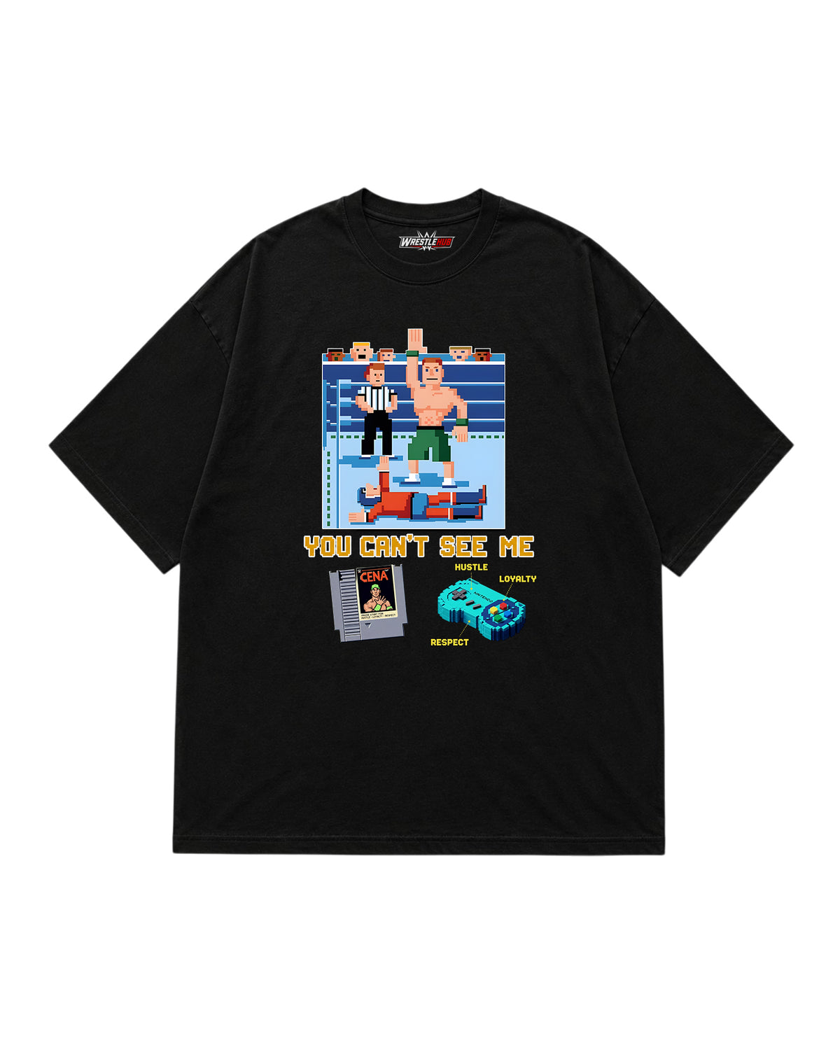 Retro pixel wrestling gaming t-shirt front graphic with arcade-style character artwork