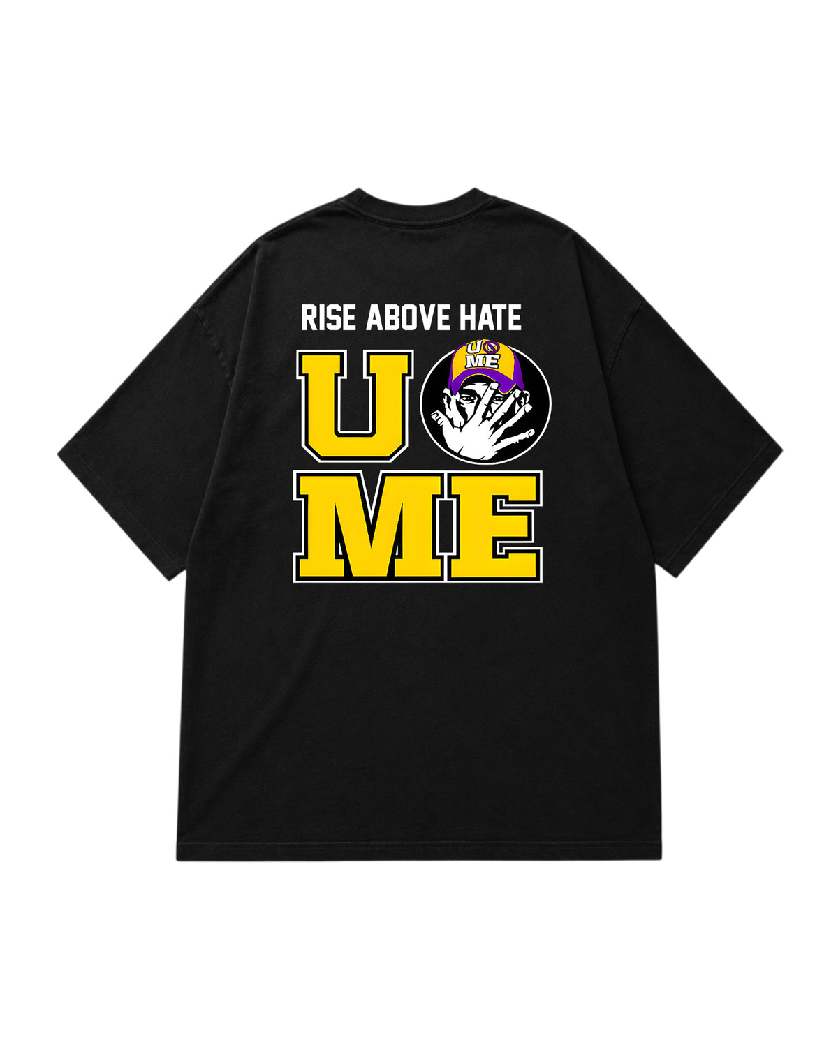 Wrestling inspired black graphic t-shirt back with Rise Above Hate typography and bold yellow artwork