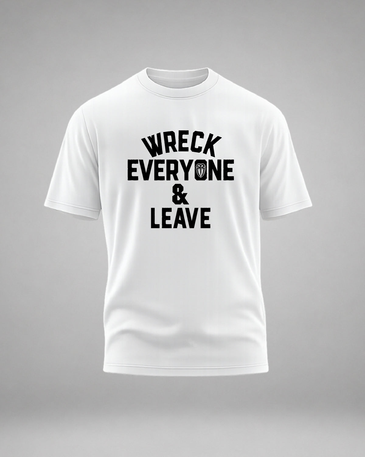Rival Mode Wreck Everyone Leave wrestling inspired white t-shirt front graphic WrestleHub