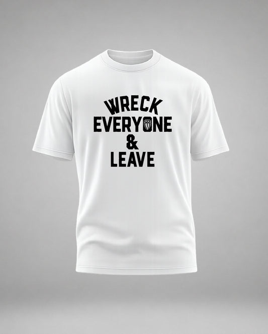 Rival Mode Wreck Everyone Leave wrestling inspired white t-shirt front graphic WrestleHub