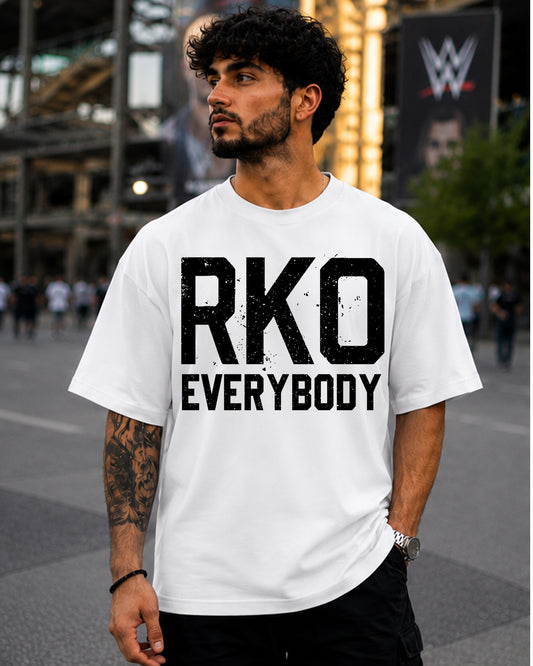 White RKO Everybody distressed typography wrestling-inspired graphic T-shirt for fans | WrestleHub