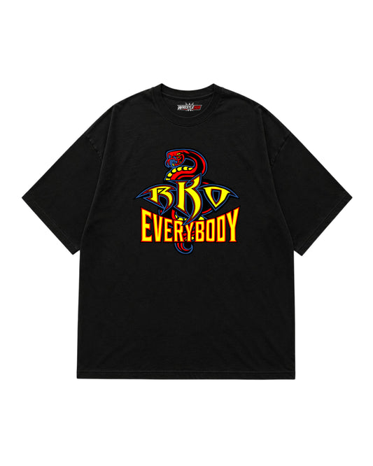 black wrestling inspired graphic t-shirt with colorful RKO style snake artwork