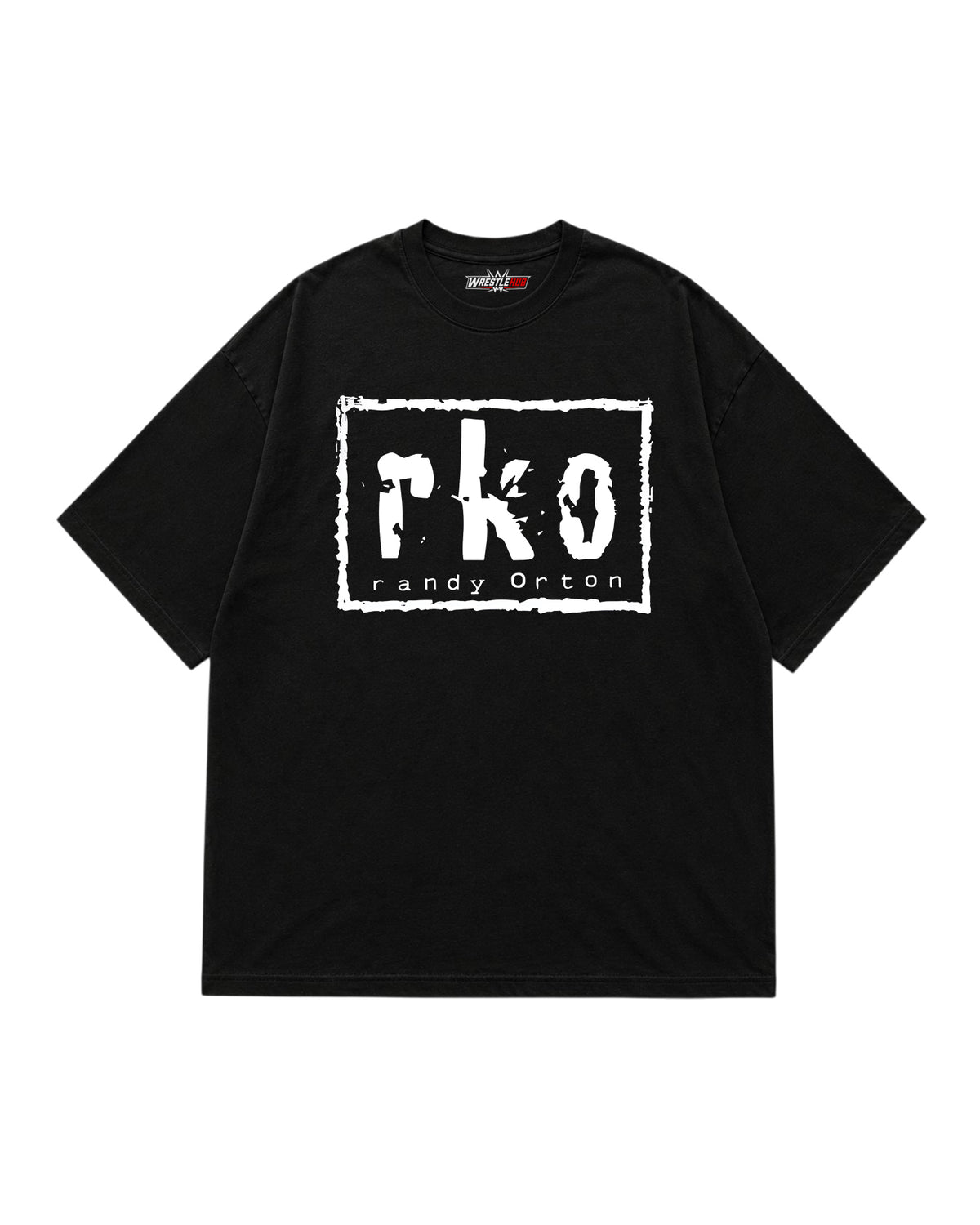 Black RKO inspired wrestling graphic t-shirt front view with bold distressed print - WrestleHub