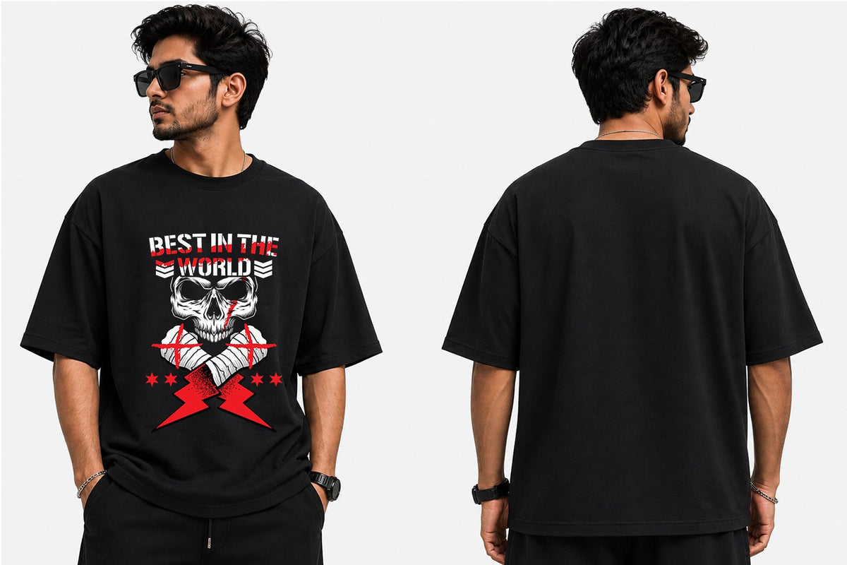 A man modeling a black graphic t-shirt from the front and back against a plain white background. The front features a graphic of a skull wearing a monocle, crossed red lightning bolts, and the text 'REST IN THE WORLD'.