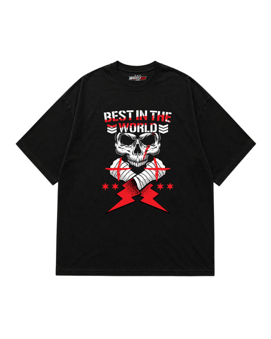 Skull wrestling inspired graphic t-shirt front with red lightning crossed hands and distressed typography