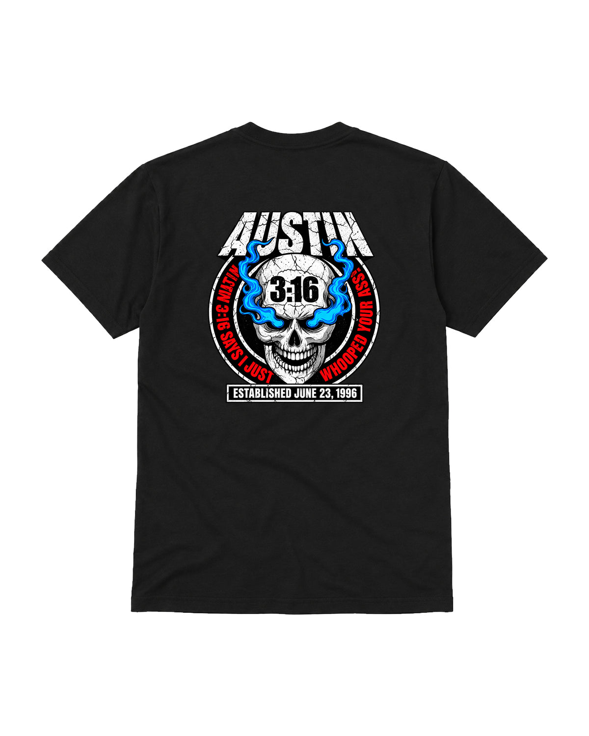 Stone Cold Steve Austin 3:16 skull T-shirt, back view, wrestling-inspired graphic apparel at WrestleHub.