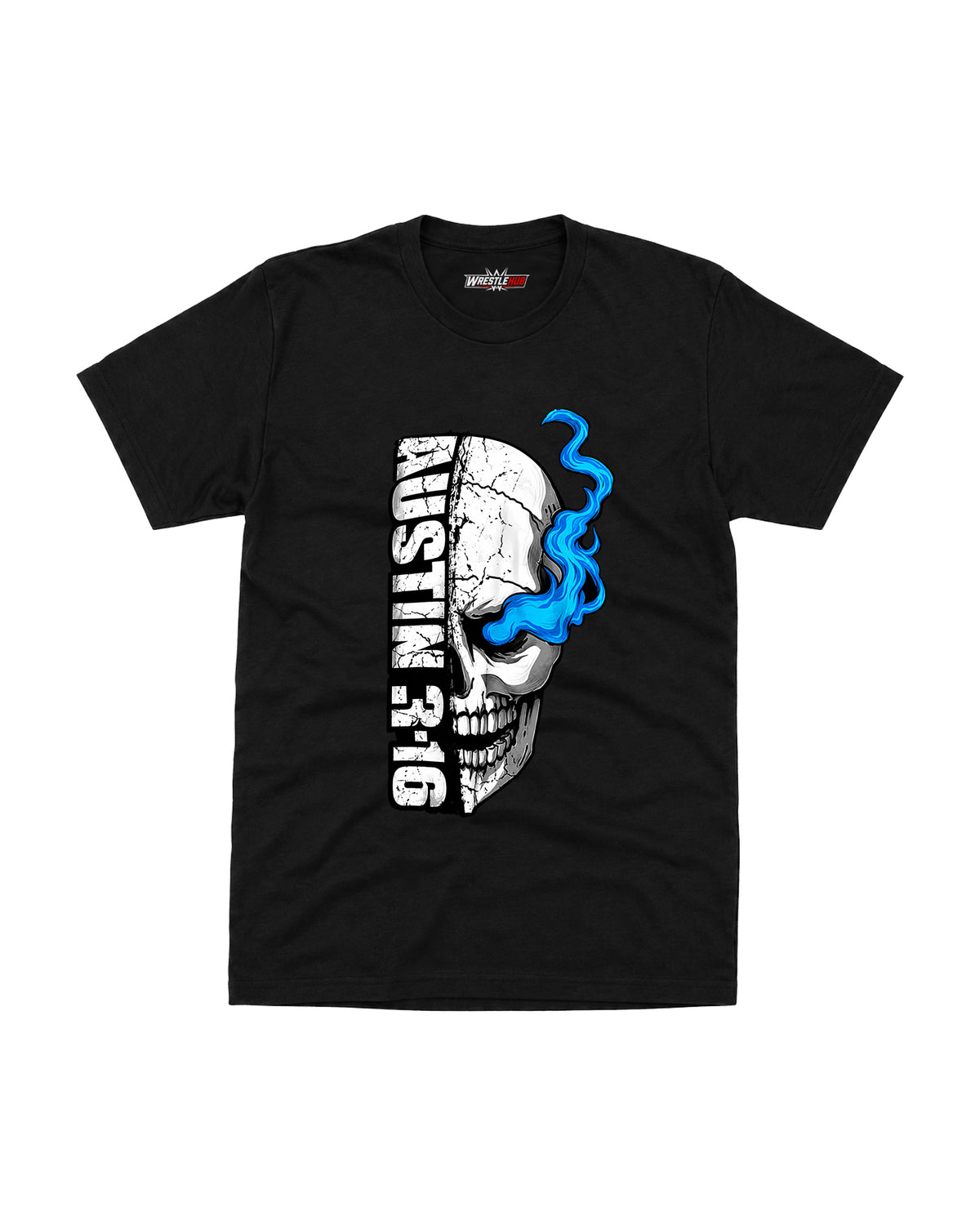 Stone Cold Steve Austin 3:16 skull graphic T-shirt, front view, wrestling-inspired black graphic tee at WrestleHub.