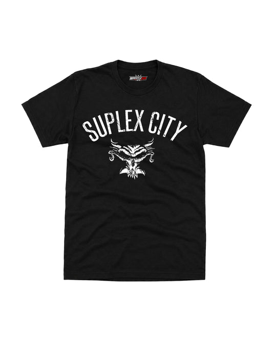 Suplex City wrestling inspired black graphic t-shirt with horned skull artwork premium cotton front view by WrestleHub