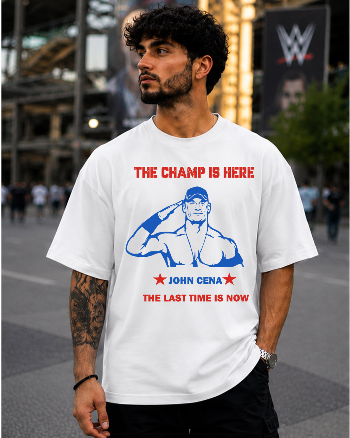 The Champ Is Here wrestling inspired graphic t-shirt with bold championship typography front view | WrestleHub India