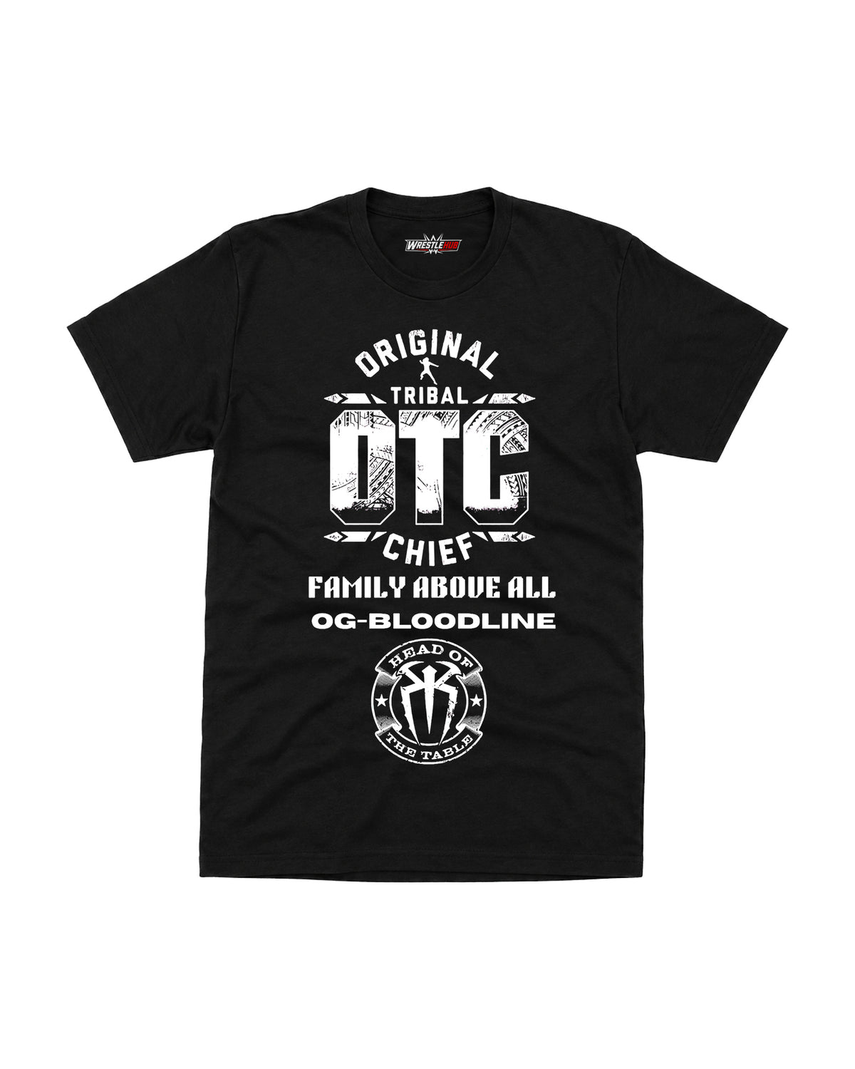 Tribal Chief inspired wrestling black graphic T-shirt with tribal emblem and distressed typography front view | WrestleHub