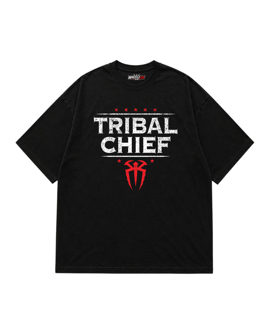 Tribal Chief wrestling inspired oversized graphic T-shirt with bold tribal artwork front view | WrestleHub India