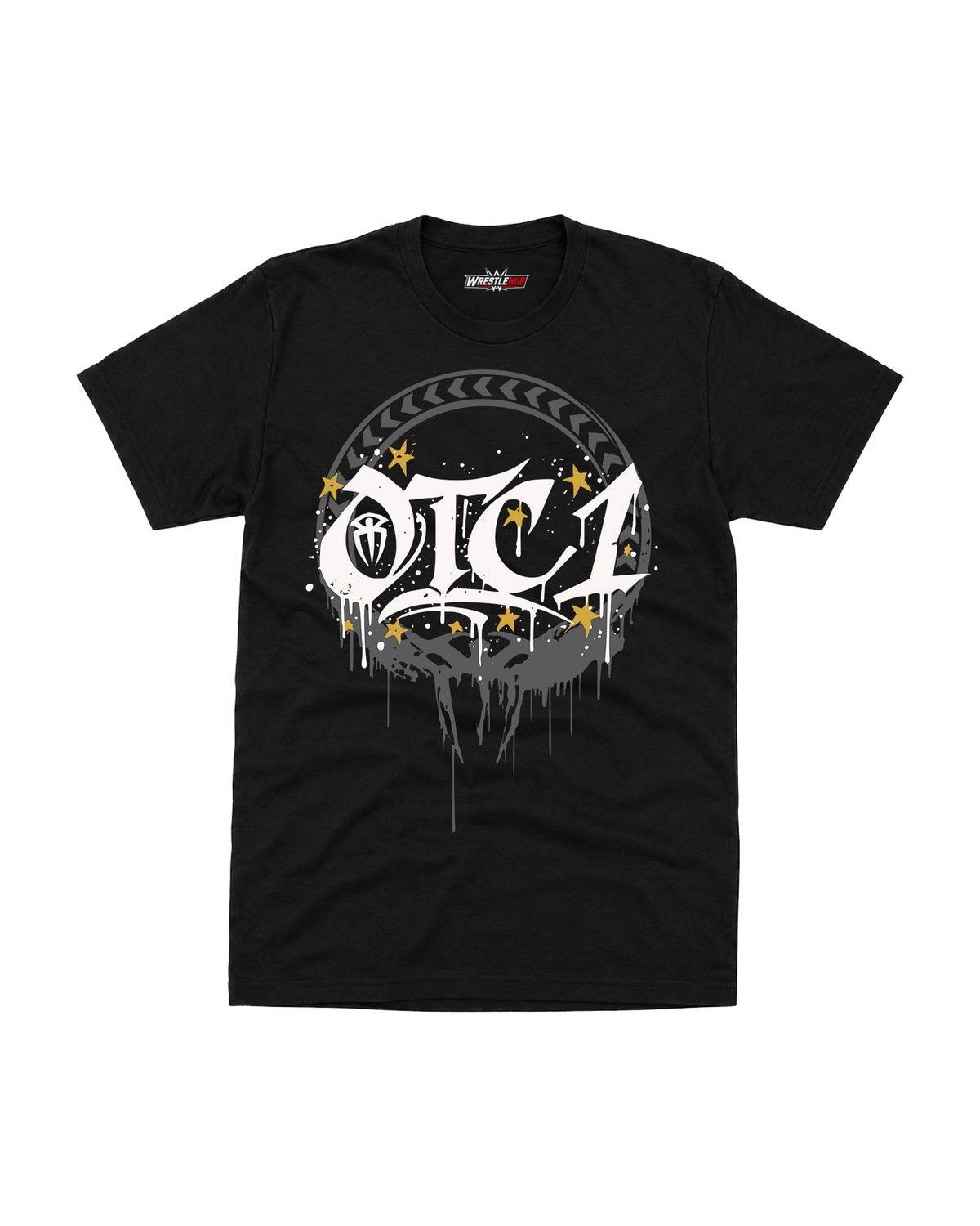 Tribal wrestling inspired black graphic T-shirt with distressed white gold and charcoal front artwork | WrestleHub