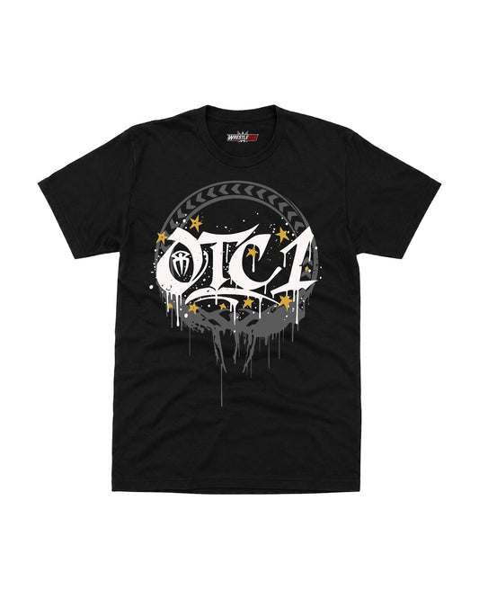Tribal wrestling inspired black graphic T-shirt with distressed white gold and charcoal front artwork | WrestleHub