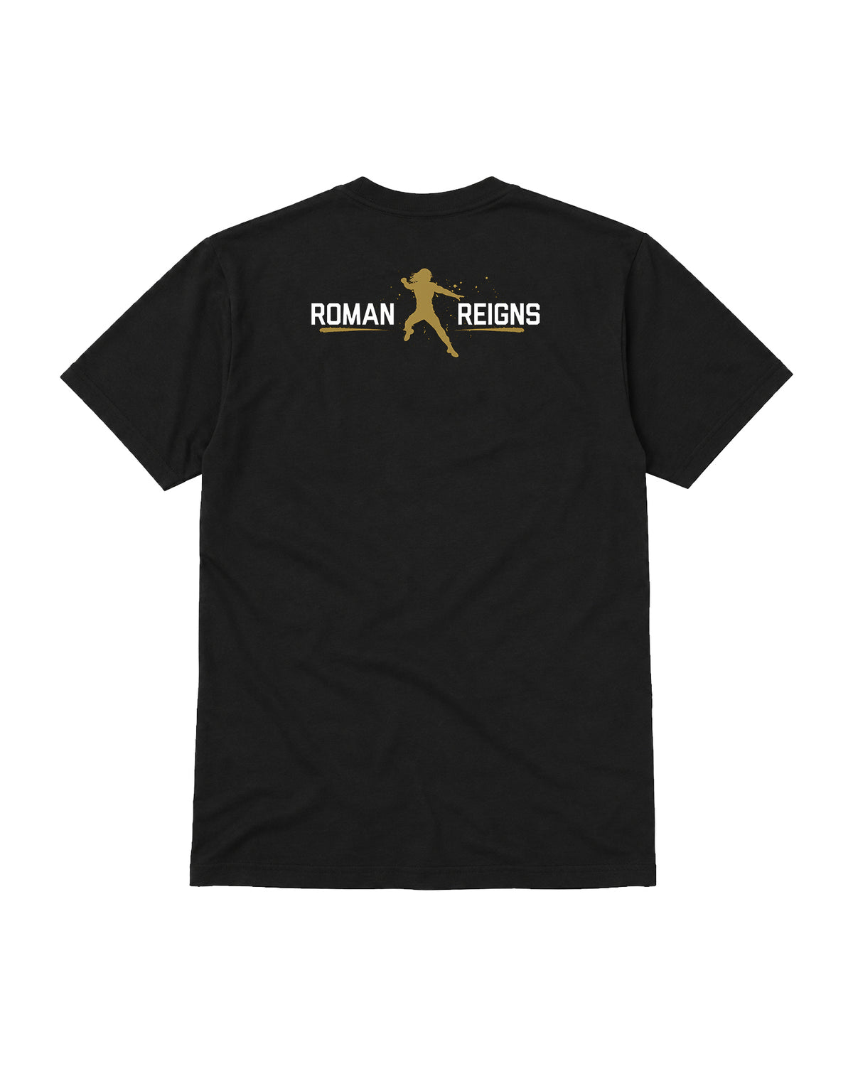 Tribal wrestling inspired black T-shirt with gold athletic silhouette and white typography back graphic | WrestleHub