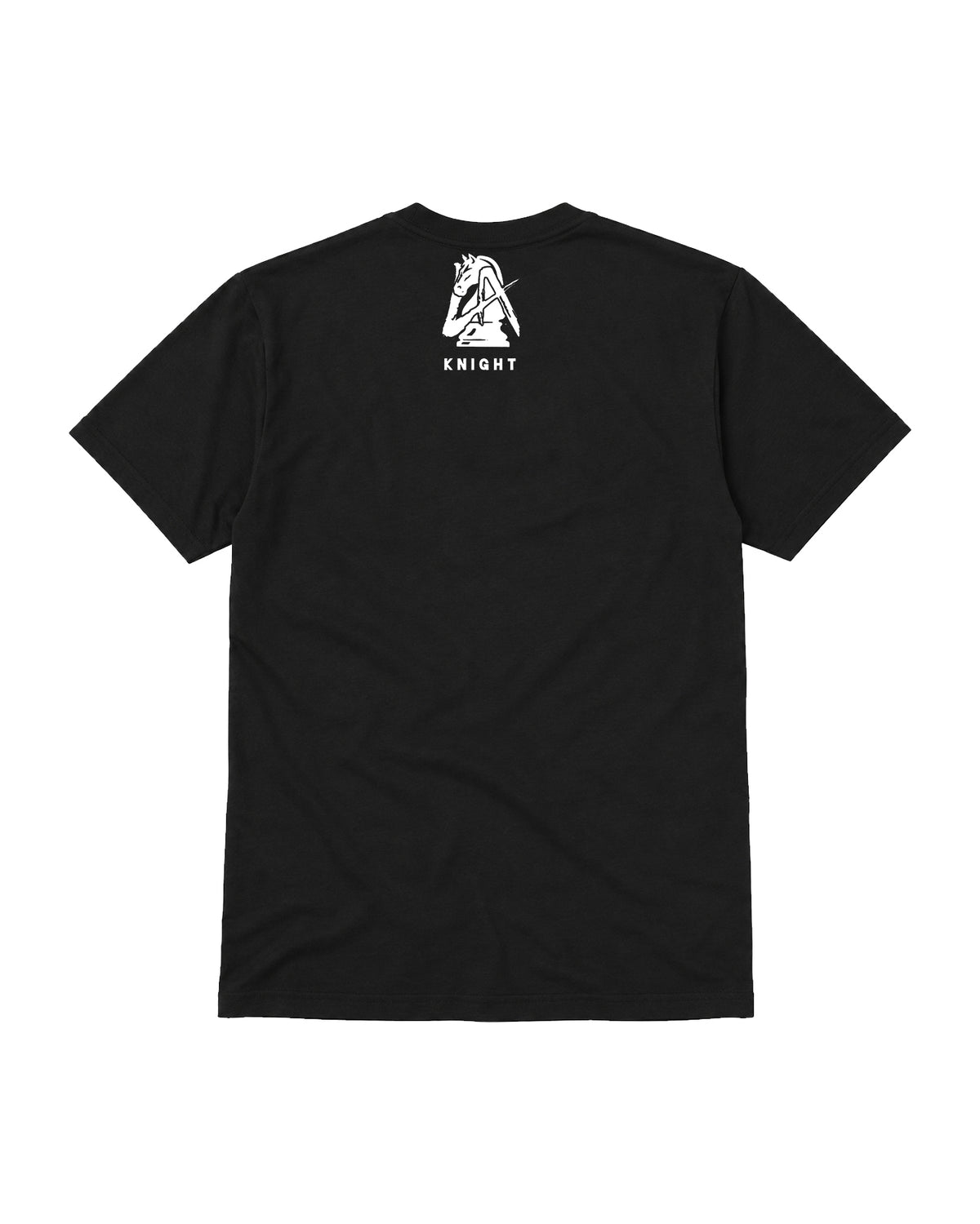Black t-shirt back with white knight-inspired emblem and KNIGHT text, WrestleHu