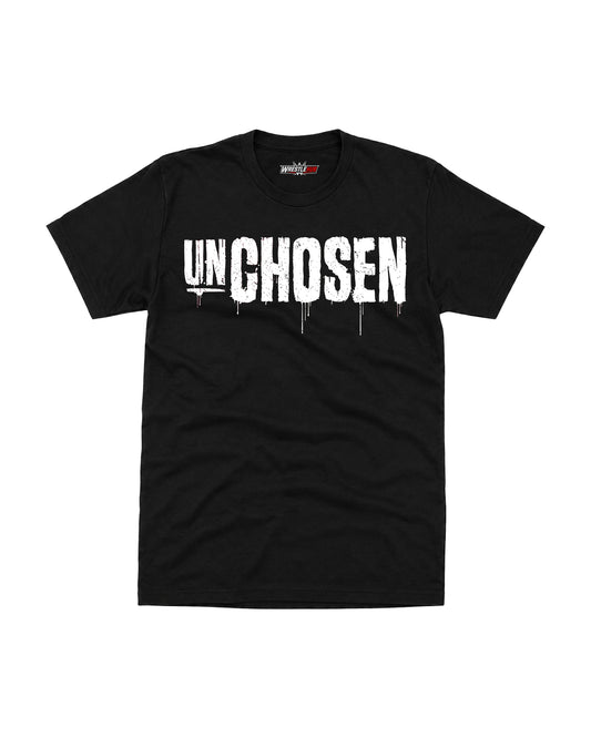 Unchosen black graphic t-shirt with distressed white front print, WrestleHub