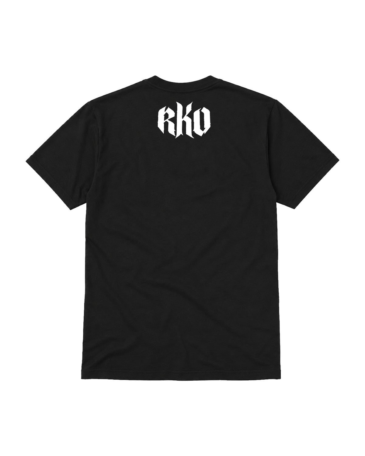 Back view of black wrestling-inspired t-shirt featuring minimalist RKO graphic below neckline | WrestleHub