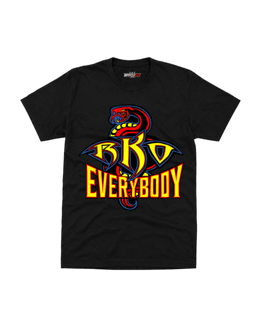 Venom RKO Everybody graphic wrestling-inspired black t-shirt with colorful cobra illustration and bold typography | WrestleHub