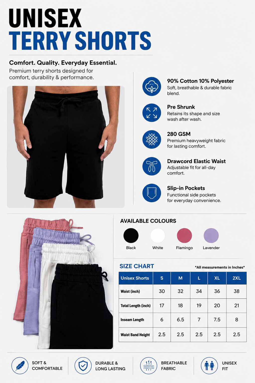 Premium Unisex Terry Shorts by WrestleHub featuring 280 GSM cotton blend fabric, drawcord elastic waist, slip-in pockets, available colors, product specifications, and complete size chart.