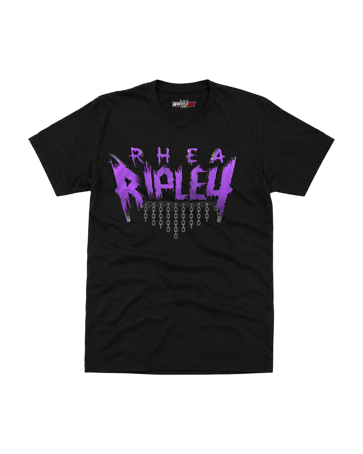 black purple gothic wrestling graphic t-shirt with distressed typography and chain design