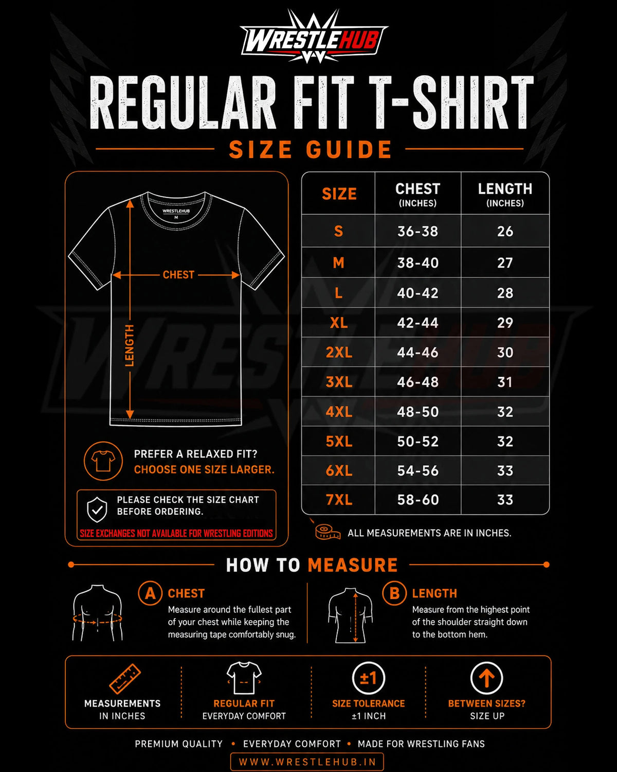 WrestleHub Regular Fit T-Shirt Size Chart – T-Shirt Size Guide S to 7XL with Chest and Length Measurements in Inches for Men's Wrestling-Inspired T-Shirts