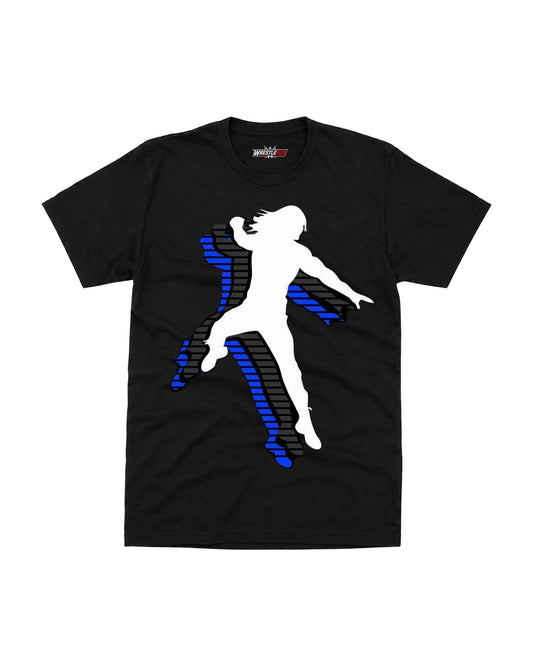 Wrestling warrior silhouette black graphic T-shirt with blue motion artwork front view by WrestleHub